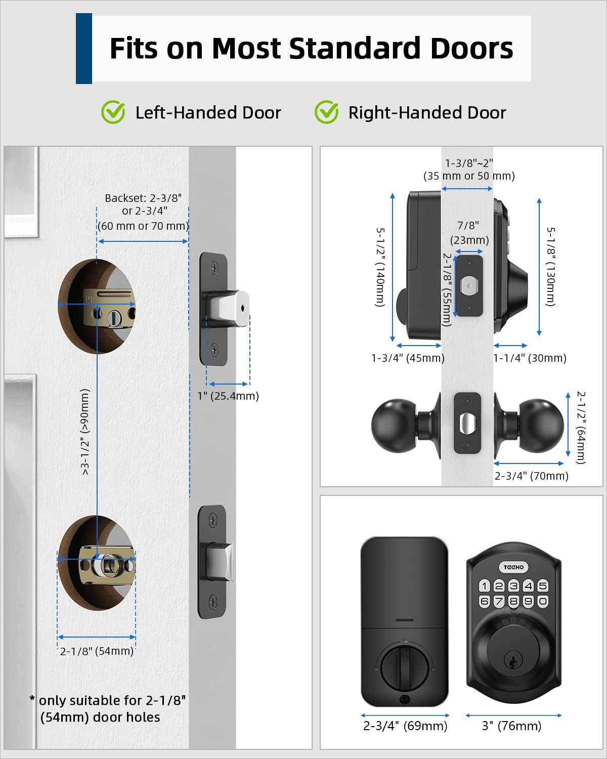 TEEHO TE001K Keyless Entry Door Lock with Handle, Electronic Keypad Deadbolt with 2 Knobs, High-Security Front Door Handle Set for Home & Rental, Smart Auto-Locking, Easy Install, Matte Black