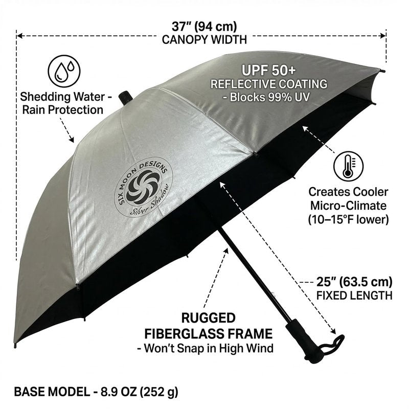 Six Moon Designs Silver Shadow Hiking Umbrella - UPF 50+ Sun & Rain Protection - Ultralight 8.9 oz Fiberglass Frame - Durable Reflective Trekking Umbrella for Backpacking, PCT, and Desert Travel