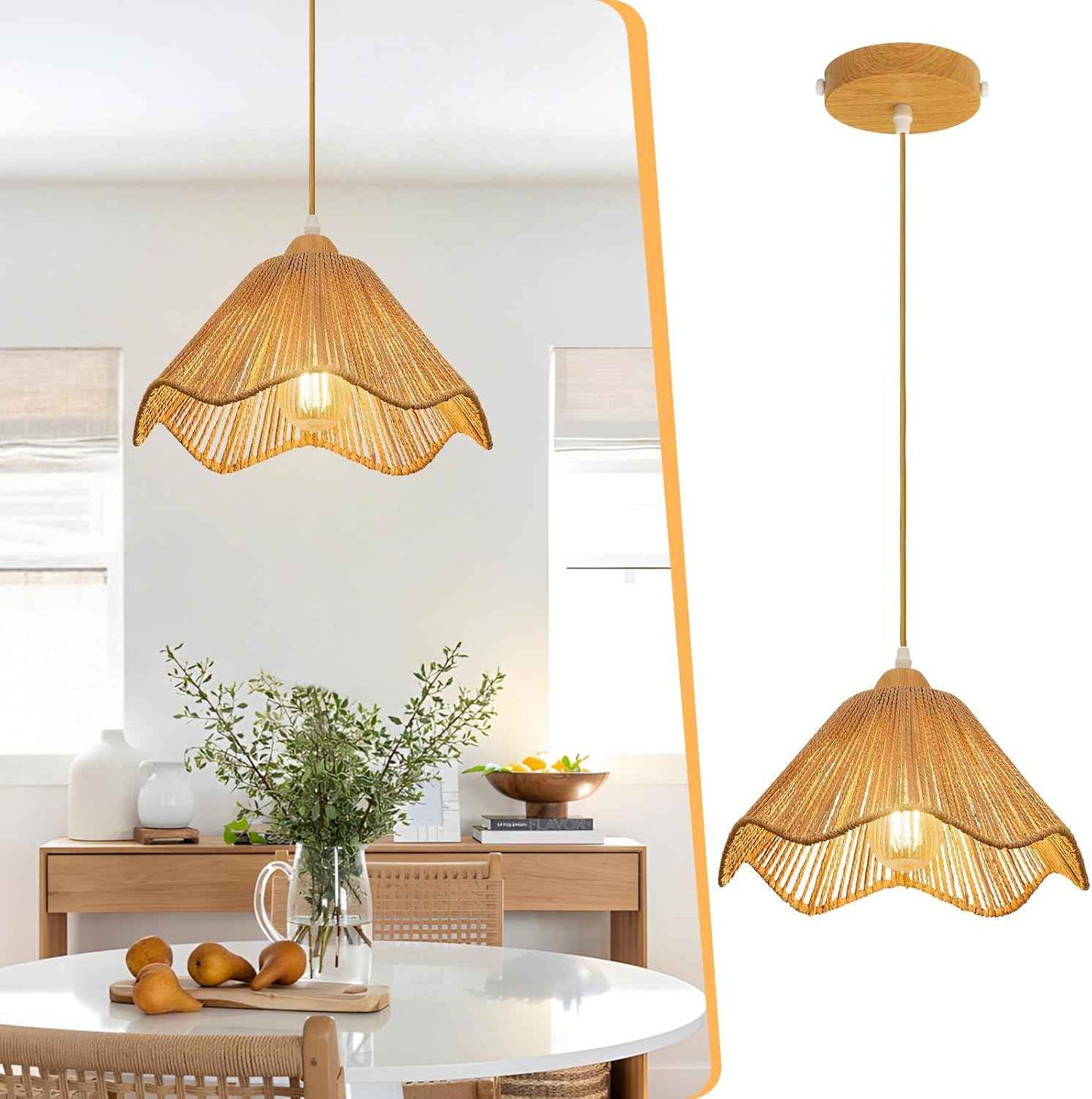 Rattan Chandelier Pendant Lights - 3 Pack Adjustable Height Boho Farmhouse Ceiling Fixtures for Kitchen & Dining Room