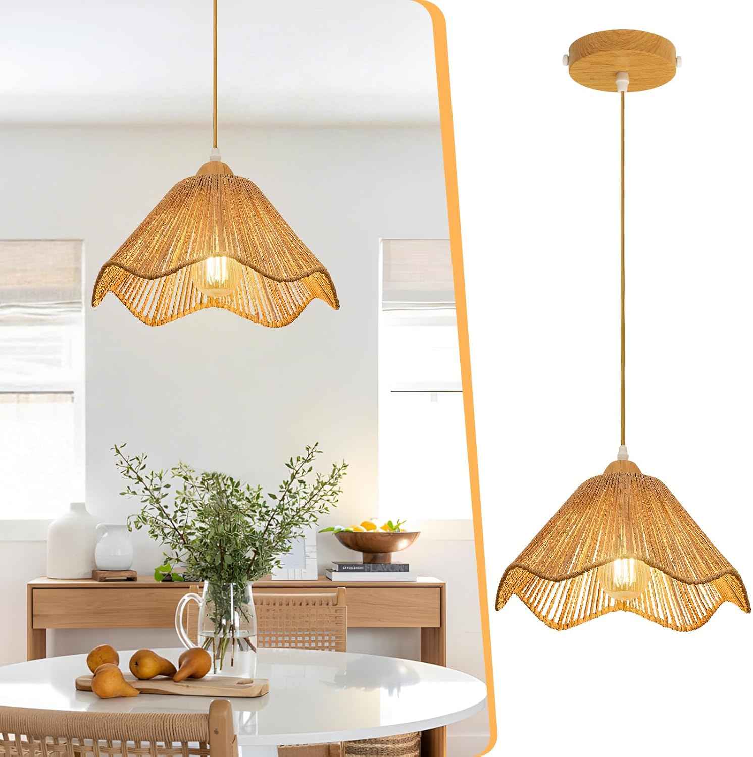 Rattan Chandelier Pendant Lights - 3 Pack Adjustable Height Boho Farmhouse Ceiling Fixtures for Kitchen & Dining Room