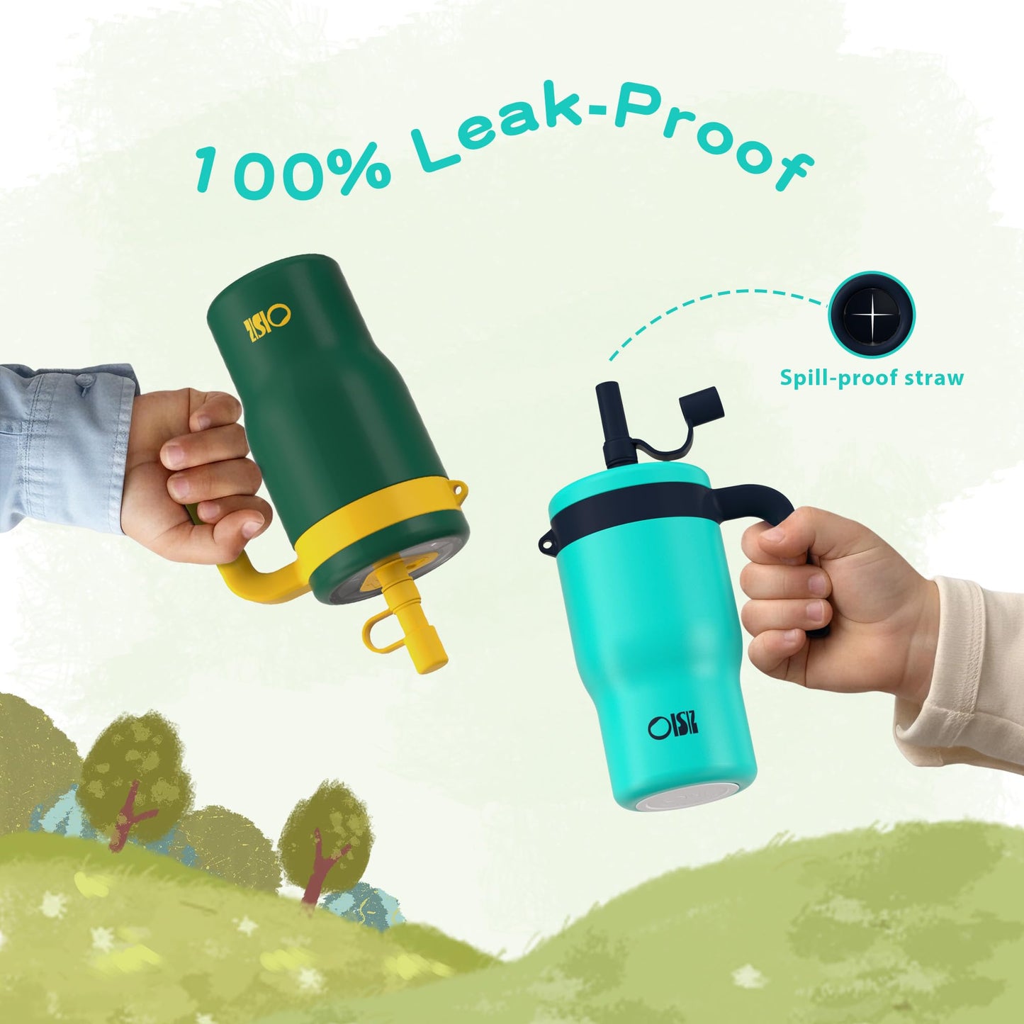 OISIZ 14oz Kids Tumbler with Straw Lid & Handle,Kids Cup with Animal Accessory for School,Kids Water Bottles with Dust-proof Cover,Leakproof Bottles,316 Stainless Steel,Keep Cold 24 Hours-dark green