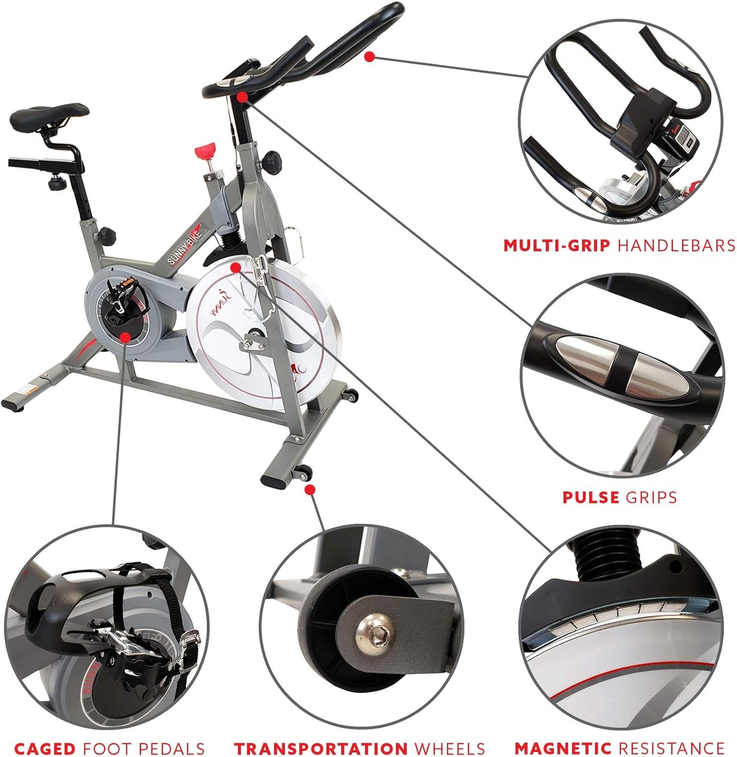 Sunny Health & Fitness Indoor Cycling Exercise Bike w/Pulse Sensors & 4-Way Adjustable Seat, Stationary Home Cardio Training Machine w/Micro-Adjustable Magnetic Resistance for Intensive Cardio Session