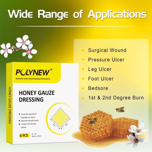 POLYNEW Manuka Honey Gauze Dressing, 6 Individual Pack, 4"x4" Patches, Manuka Honey Wound Care Gauze, for Cuts, Scald and Burns for Wound Healing Dressing