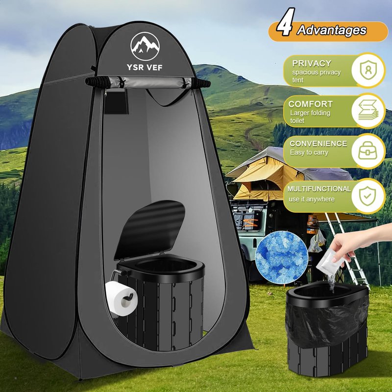 YSRVEF Portable Camping Toilet Kit with Pop-Up Privacy Tent, Washable Outdoor Shower and Changing Room, Includes Toilet Bags, Poo Gel, and Camping Lantern