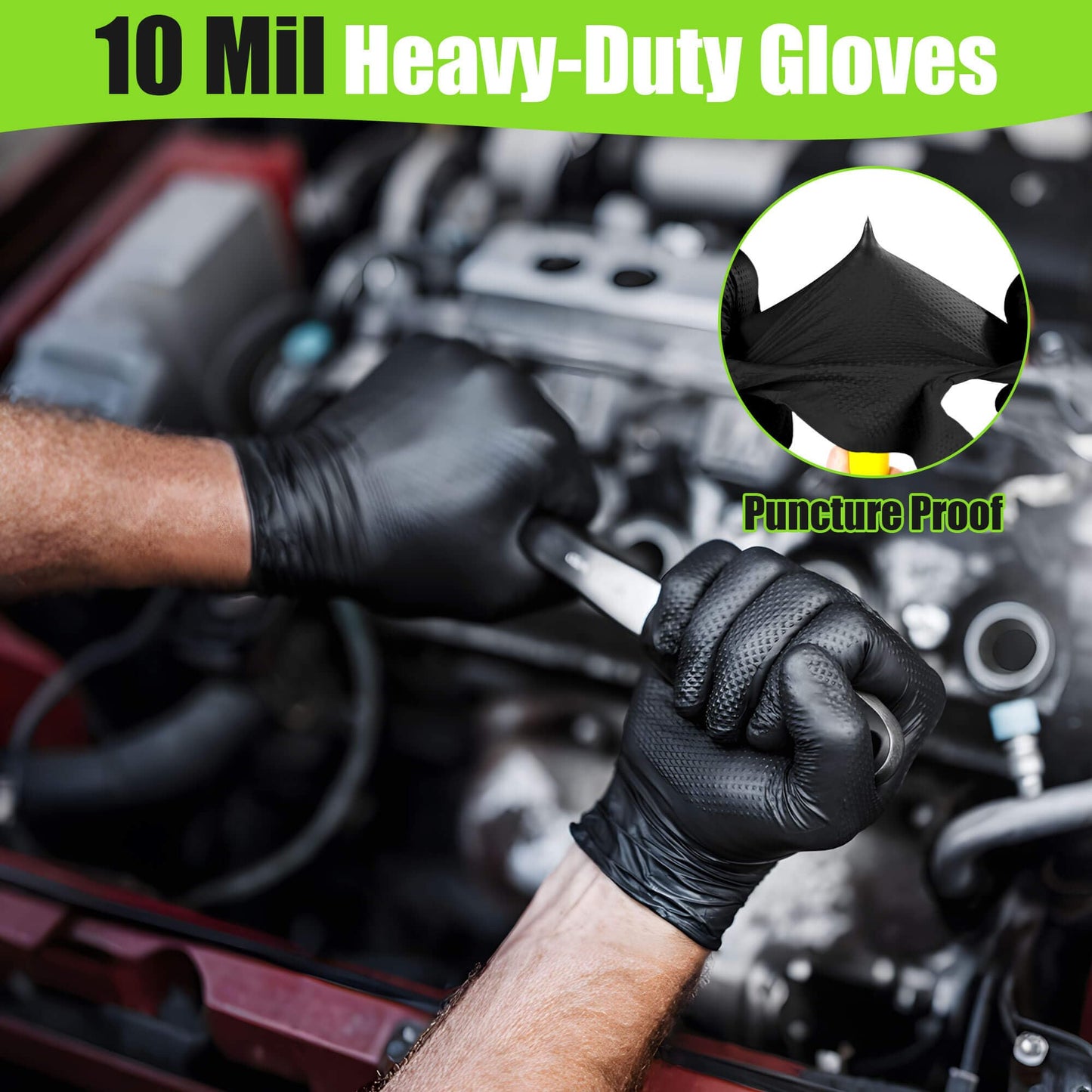 TREEGO Black Nitrile Gloves 10 Mil Heavy Duty Disposable Latex Free – Diamond Grip for Industrial, Construction, Mechanic (50, M)