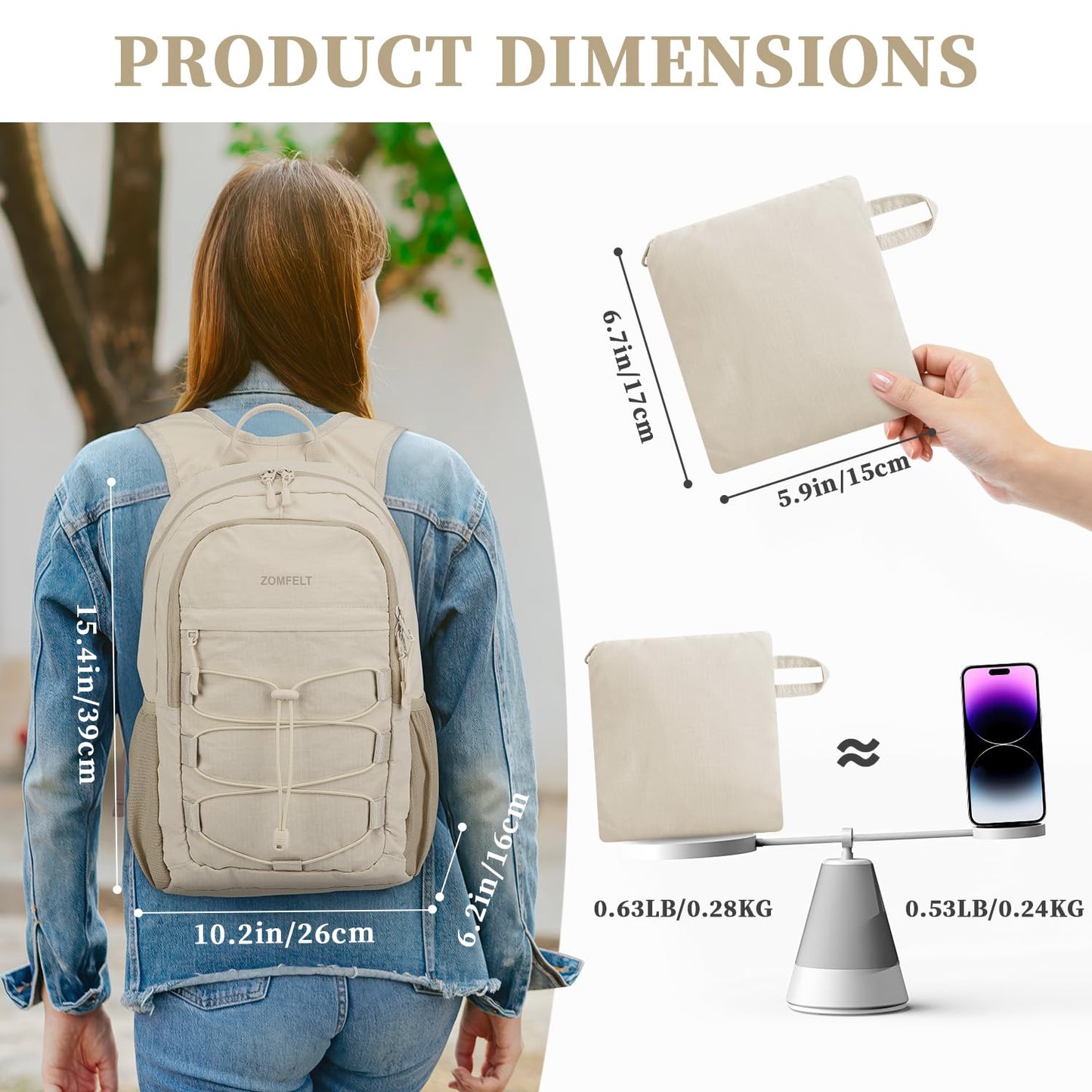 ZOMFELT Hiking Backpack for Women Men, 15L Lightweight Packable Backpack for Trip, Water Resistant Small Travel Backpacks, Foldable daypack for Hiking, Walking, Cycling, Camping, Beige