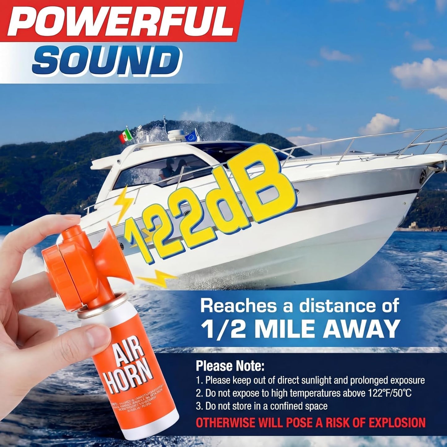 Air Horn | 1.4oz 122dB Loud Marine Safety Horn - Heard Up to 1/2 Mile, US Coast Guard Approved