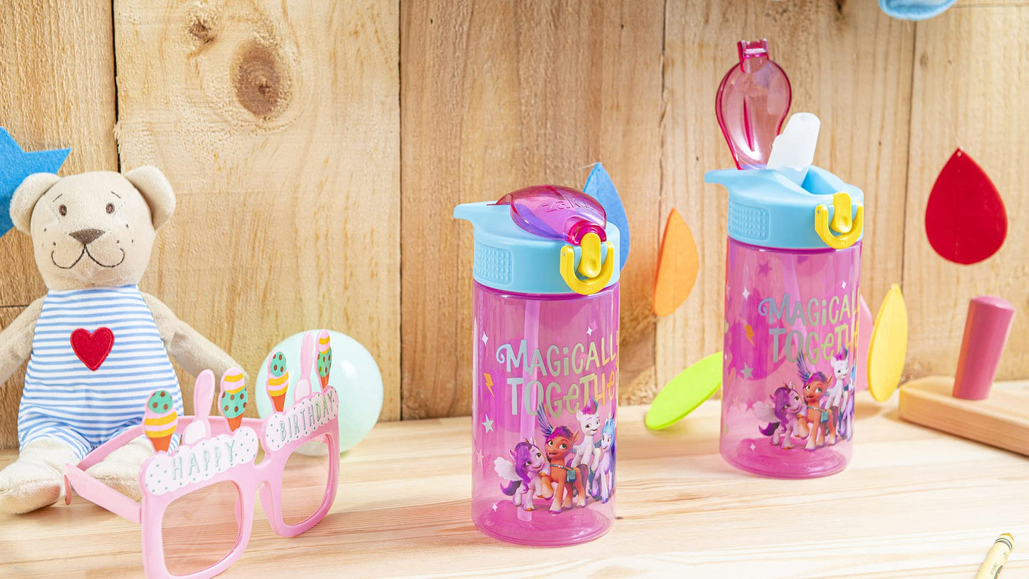 Zak Designs Kids Durable Plastic Spout Cover and Built-in Carrying Loop, Leak-Proof Water Design for Travel, (16oz, 2pc Set), My Little Pony 2pk