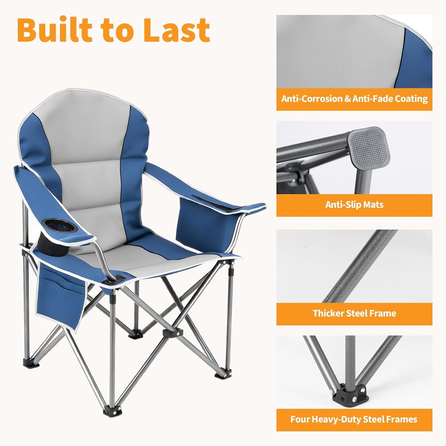 NEWBULIG Oversized Camping Chair - Heavy Duty 500 LBS Support | Portable Collapsible Design with Cup Holders & Side Cooler