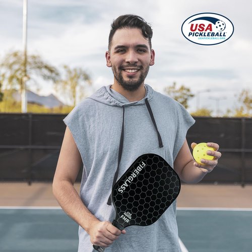 Feel my rhythm Pickleball Paddles Set of 2 with 4 Balls - USAPA Approved Fiberglass Surface, Lightweight, Non-Slip Grip - Premium Paddle Set for All Skill Levels Indoor & Outdoor (Black)