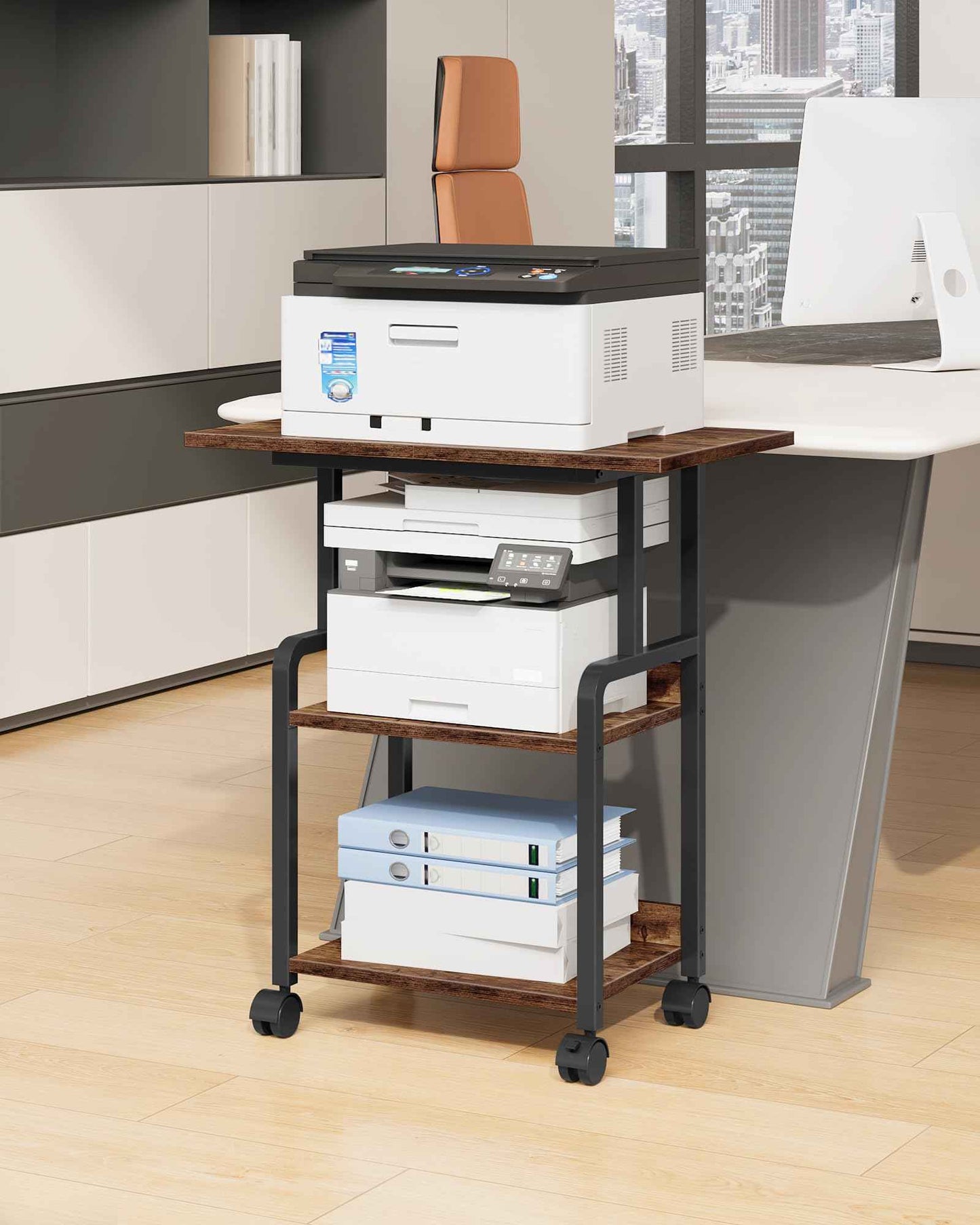 CHOEZON 23.6-in Printer Stand with Storage, 3-Tier Printer Table for Home Office, Printer Cart Under Desk Storage, Suitable for Study, Kitchen, Living Room, Rustic Brown and Black TPS02BF