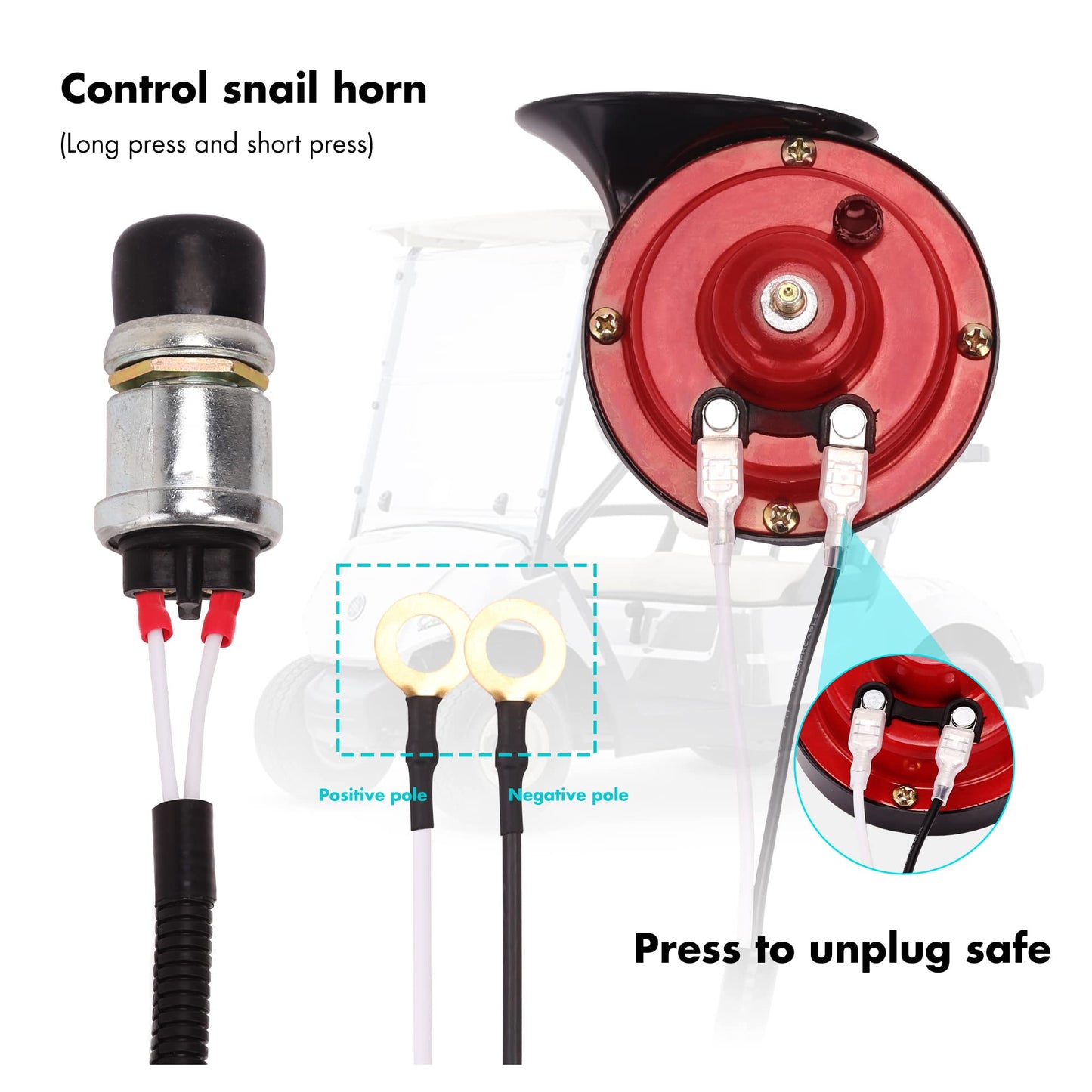10L0L Golf Cart Horn Kit for EZGO Club Car Yamaha or UTV Universal Waterproof Electric Snail Horn 118DB Floor Mount Button Switch, Adjustable Loud (12 Volt Input)