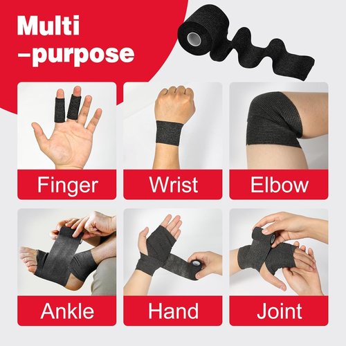 AZEN Self-Adhesive Bandage Wrap - 8 Pack, 2" x 5 Yards, Elastic Cohesive Athletic Tape, Black