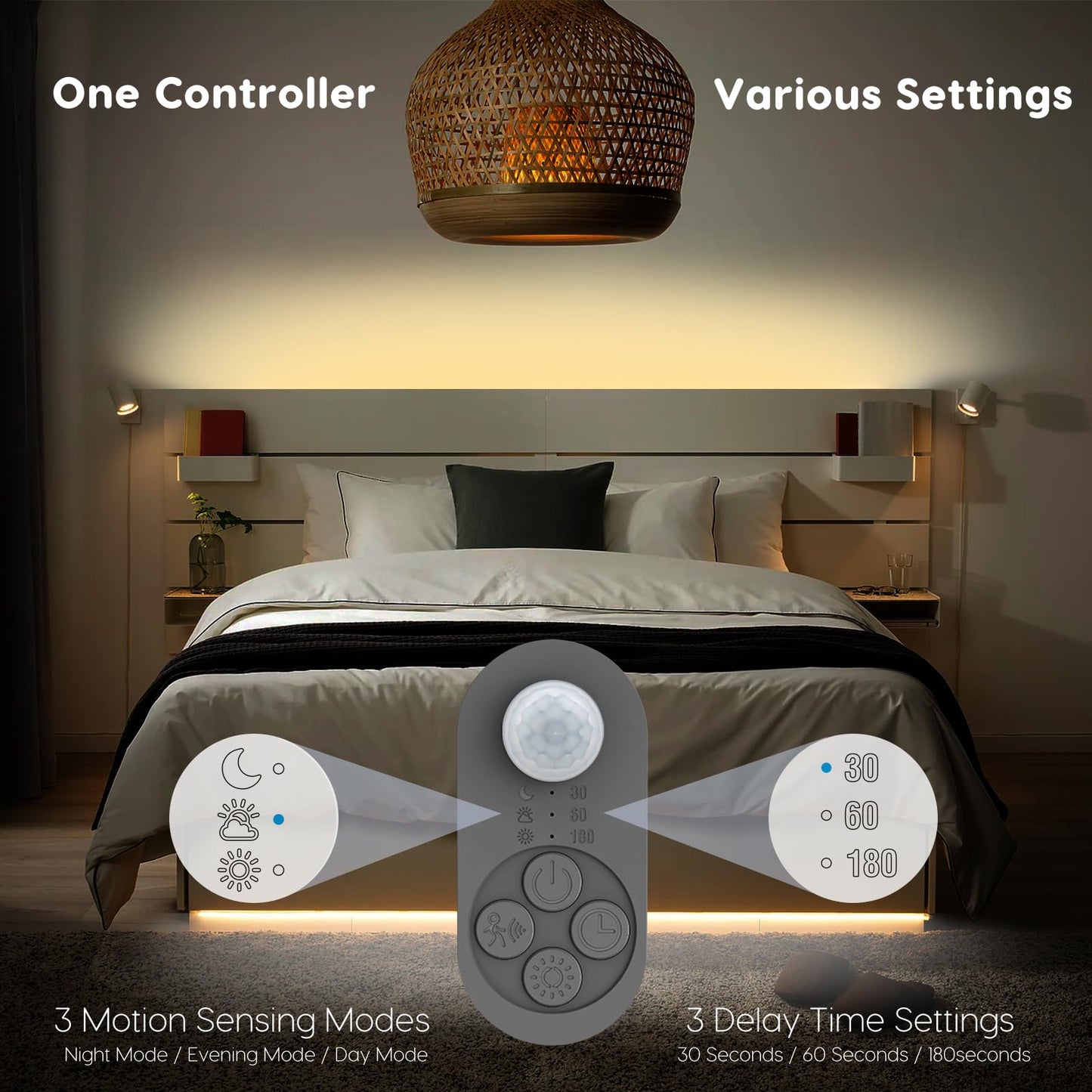 NIVOTA Dual Motion Sensor Light Indoor - 8pcs AA Battery Powered Motion Activated Step Light Strip with Double Motion Sensors, Dimmer, and Timer for Stairway, Bedroom, Corridor