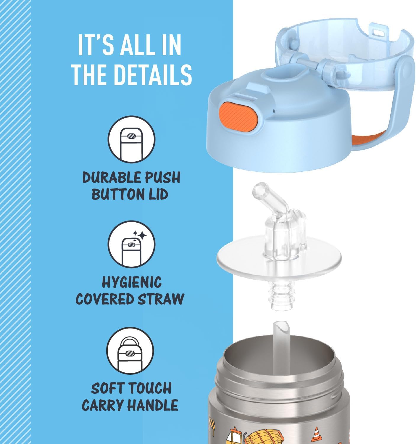 THERMOS FUNTAINER Water Bottle - 12 Ounce Stainless Steel, Vacuum Insulated with Straw for Kids | Construction Design