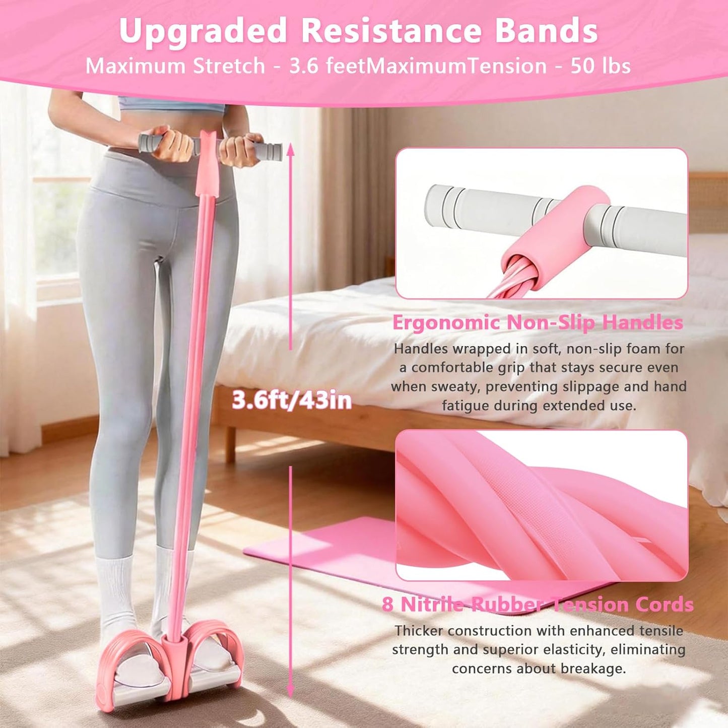 Skiennix 8-Tubes Pedal Resistance Band - Multifunctional Exercise Rope for Full Body Workout | Pink