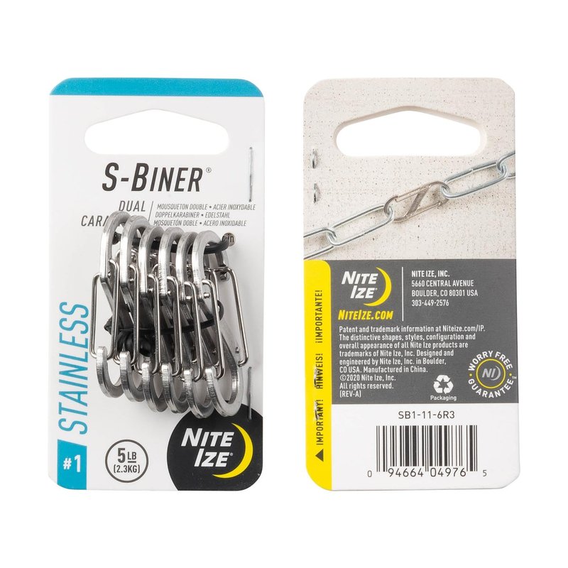 Nite Ize S-Biner Stainless Steel Dual Carabiner - Stainless Steel S-Biners for Key Organizer, Key Rings, or Belt Clip - Size 1, (6 Pack)