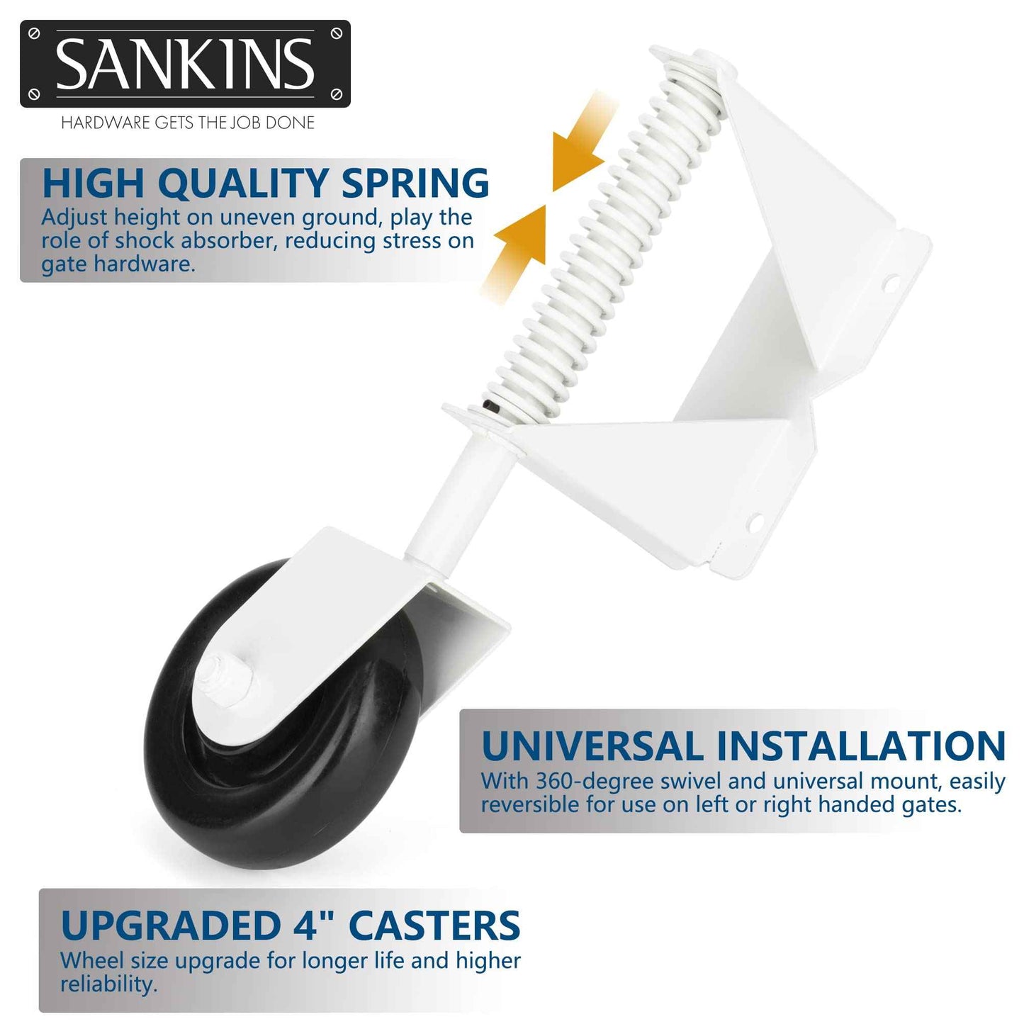 SANKINS Spring Loaded Gate Caster for Wooden Gate PVC Fence, Heavy Duty Gate Wheel Caster with 360 Degree Universal Mount Plate for Metal gate, Yard Fence, 4-Inch, 220 Lbs Capacity, White