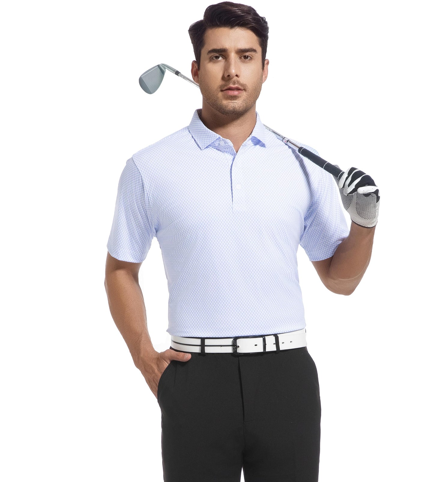 Mens Golf Shirt Moisture Wicking Classic Print Golf Shirts,White Circle,L