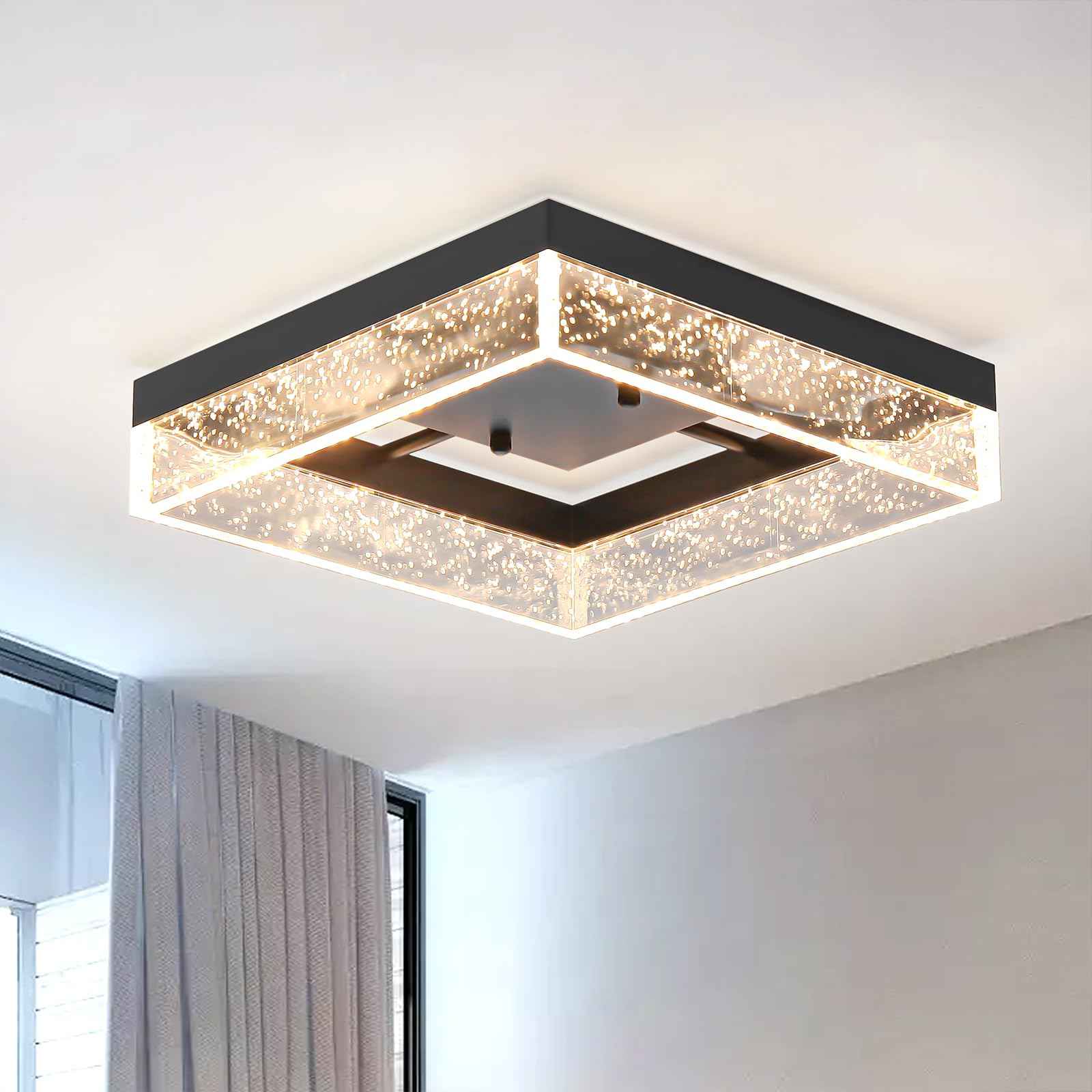 Qcyuui LED Flush Mount Ceiling Light, 11.81in 20W Modern Ceiling Light with Clear Bubble Acrylic,Square LED Ceiling Lamp for Kitchen Hallway Closet Living Room Bedroom, Black, 3000K Dimmable