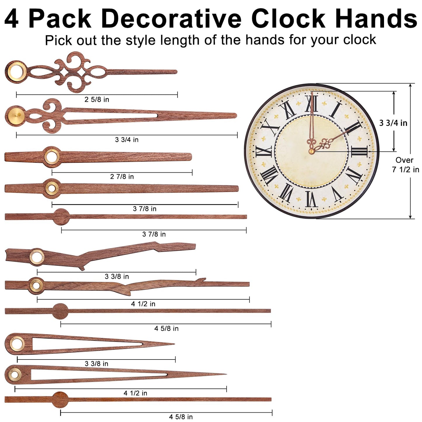 EMOON 3 Pieces Quartz Clock Mechanism Replacement Kit Long and Short Shaft Length with 4 Types of Walnut Wood Clock Hands DIY Clock Repair Parts (Total Shaft Length 16mm,20mm,23mm)