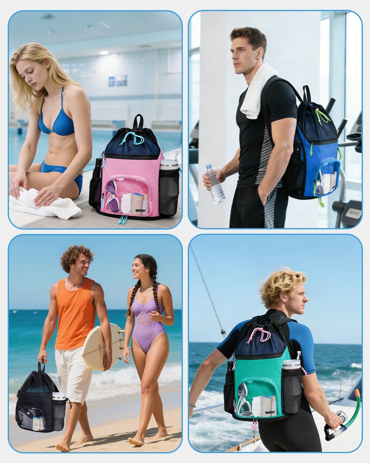 WANDF Swim Bag - Sandproof Beach Backpack with Wet Pockets & 40oz Tumbler Holder | Black