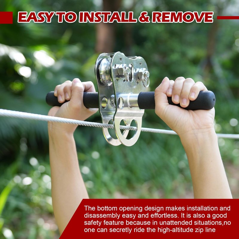 Fologtoo Zipline Pulley, 304 Stainless Steel Heavy Duty Zipline Trolley, 1100 lbs Working Load Limit - Reinforced Safety Handle for Backyard Zipline, Hauling, Suitable for 1/4 to 1/2 Inch Steel Cable