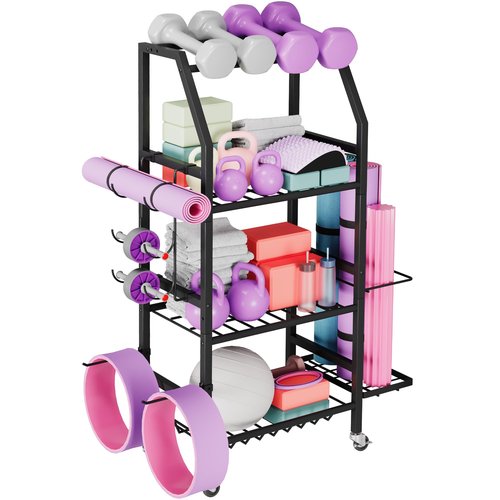 Homeiju Dumbbell Rack, 4 Tier Weight Rack for Home Gym, Yoga Mat Storage Holder with Lockable Wheels, Dumbbell Stand with Hooks, All in One Work out Equipment Storage for Yoga Mat Dumbbell and Balls