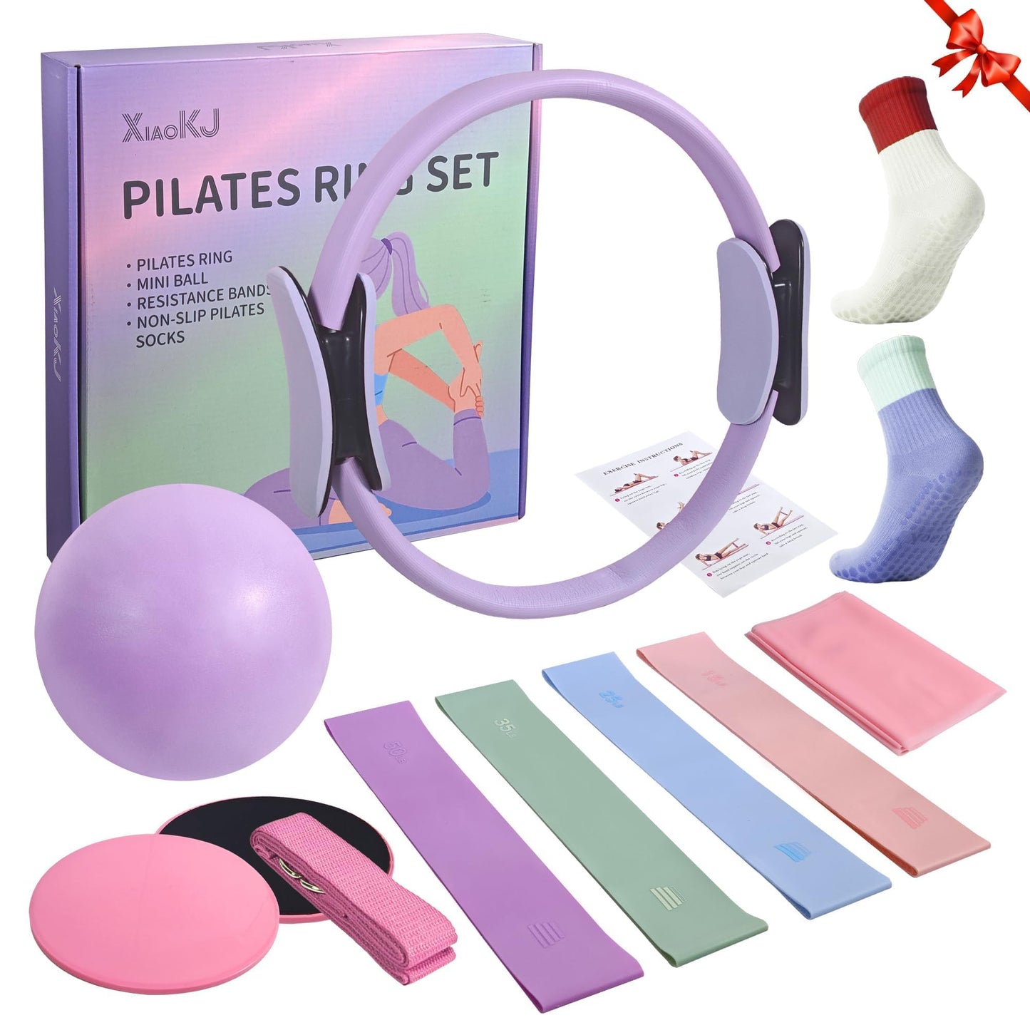 XiaoKJ Pilates Kit, Home Pilates Workout Kit for Women, Pilates Equipment with 14" Pilates Ring and Ball, Resistance Bands, Sliders & Grip Socks Accessories for Starter Home Workouts