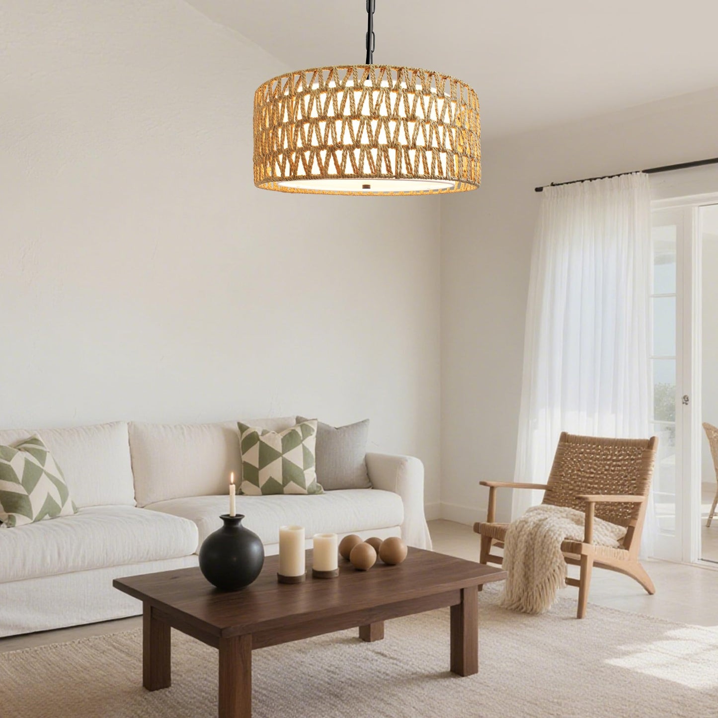 Boho Rattan Chandelier for Dining Room,5-Light Farmhouse Chandelier Light Fixtures, Hand Woven Chandeliers with Fabric Shade,Rustic Pendant Light Fixtures for Kitchen Island,Bedroom,Living Room