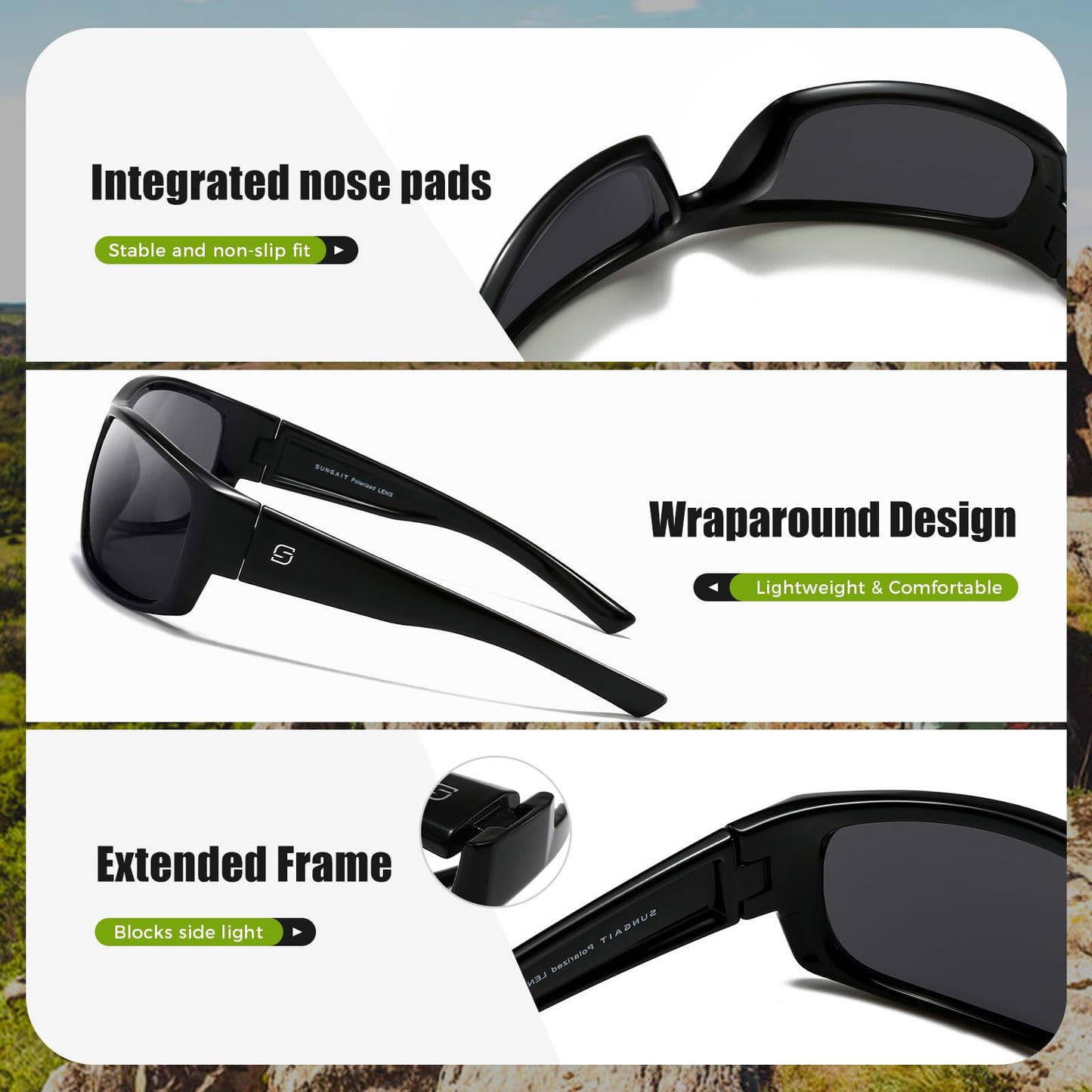 SUNGAIT Wrap Around Polarized Sport Sunglasses for Men Womens Lightweight Rectangle Cycling Running (Bright Black Frame/Grey Lens)