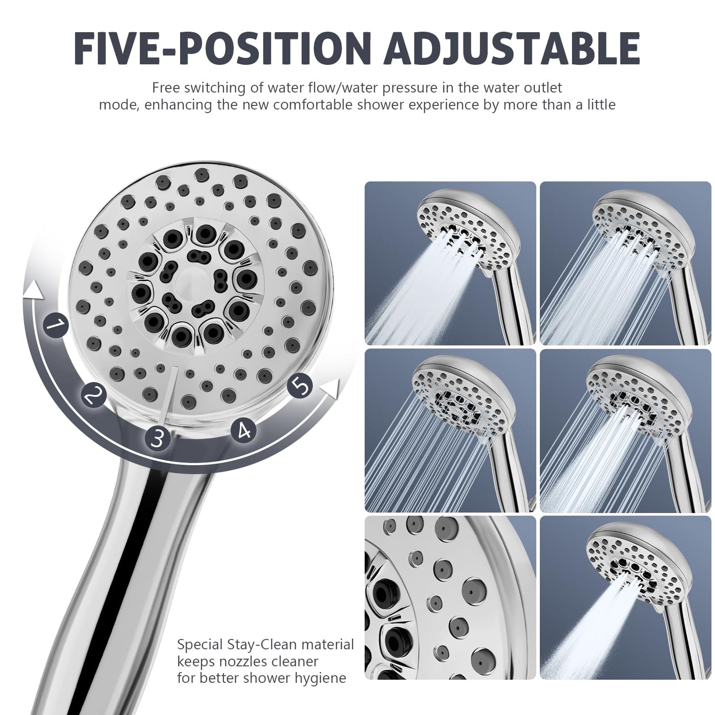 Cosuro High Pressure Shower Head with Powerful Shower Spray & 59'' Stainless Steel Hose, 5 Spray Modes, Adjustable Bracket and Non-Clogging Nozzles