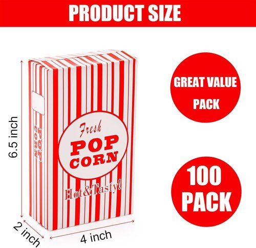 Bekith 100-Pack Paper Popcorn Boxes - Close-Top Containers for Movie Nights & Parties