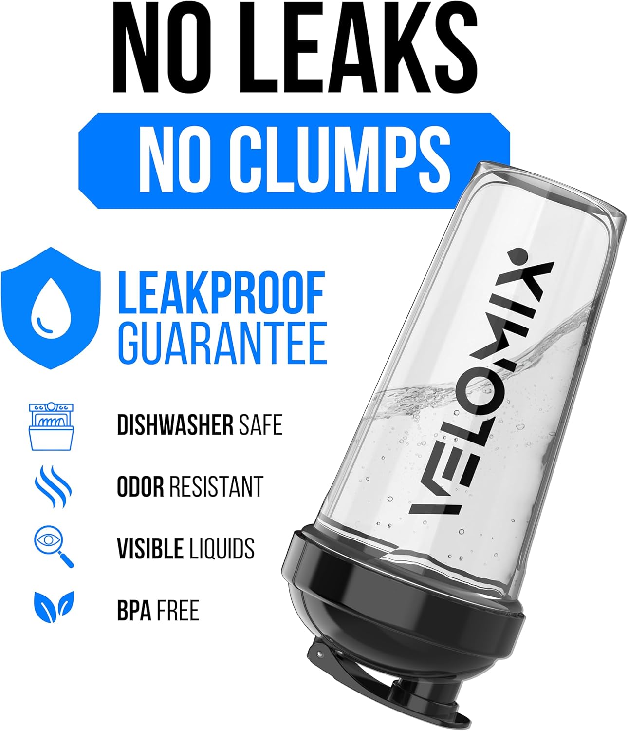 Velomix Protein Shaker Bottles - 28 oz Leak Proof Cups with 2x Wire Whisk | 2 Pack (Black/Transparent)