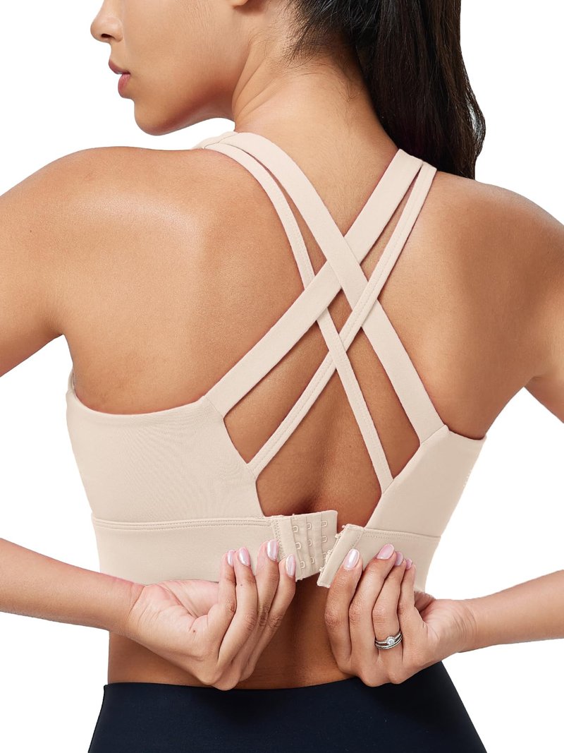 Women's High Support Sports Bra, Molded Cups, Hook-and-Eye Back, Crisscross High Impact Workout Bra Nude