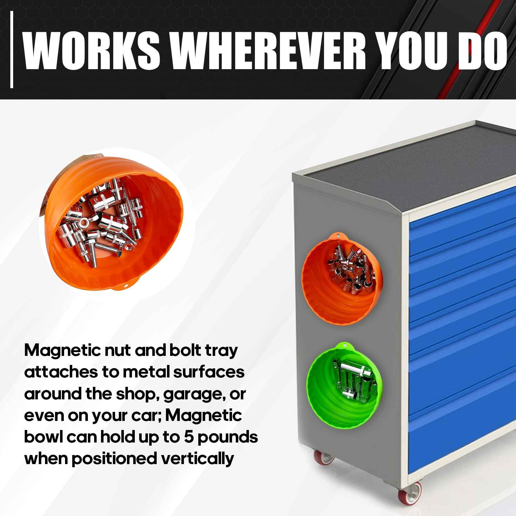 C&T 2-Piece Magnetic Nut Cup, Nuts and Bolts Organizer Set, 6 Inch Cup Diameter, Holds up to 5 lbs, Magnetic Bowls for Holding Nuts and Bolts, Small Parts, Pins, Tools