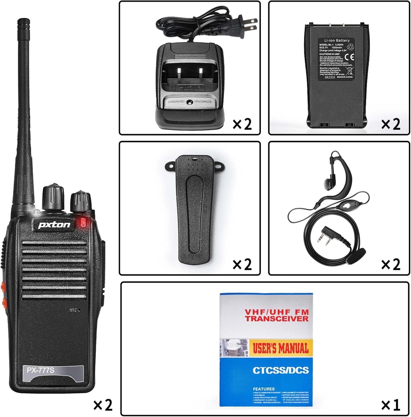 Pxton 777S Rechargeable Walkie Talkies - Long Range Two-Way Radios with Earpieces & Li-ion Battery | 2 Pack