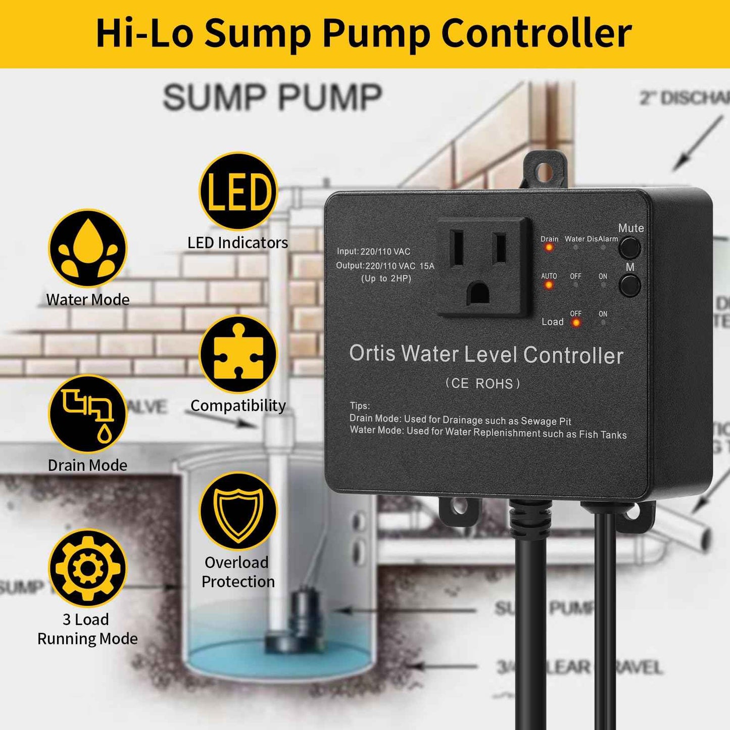 Hi-Lo Sump Pump Switch, Ortis Electronic Adjustable Float Switch Controller with Dual Sensors, LED Indicators, Corrosion-Resistant, 110/220V for Water Tanks Sewage Pits, Black