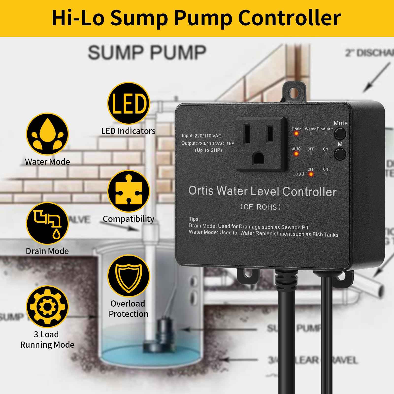 Hi-Lo Sump Pump Switch, Ortis Electronic Adjustable Float Switch Controller with Dual Sensors, LED Indicators, Corrosion-Resistant, 110/220V for Water Tanks Sewage Pits, Black