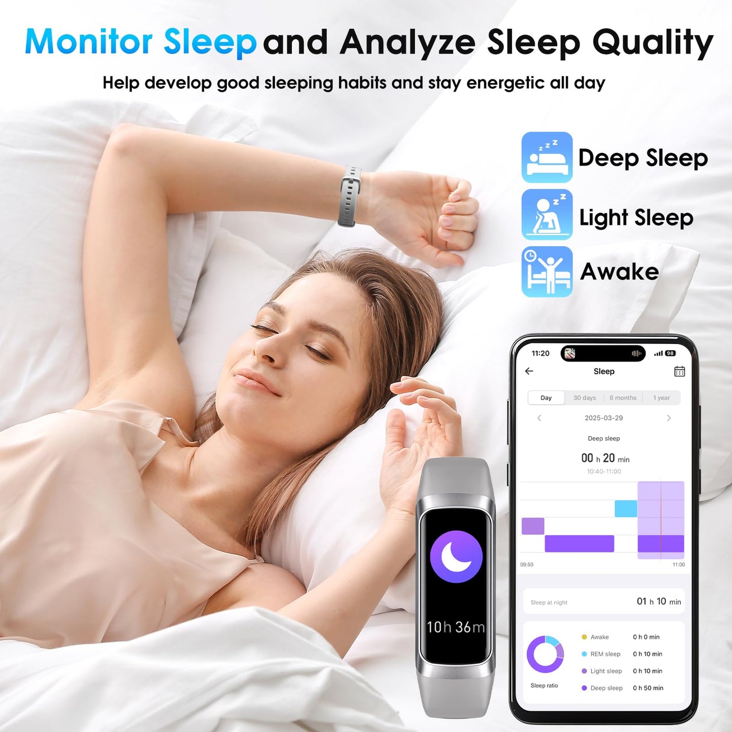 Fitness Tracker, 24/7 Heart Rate Blood Oxygen Blood Pressure Body Temp Monitor Sleep Calorie Tracker with 1.1" AMOLED Touch Color Screen Pedometer Smart Watch Waterproof for Women Men (Silver Gray)