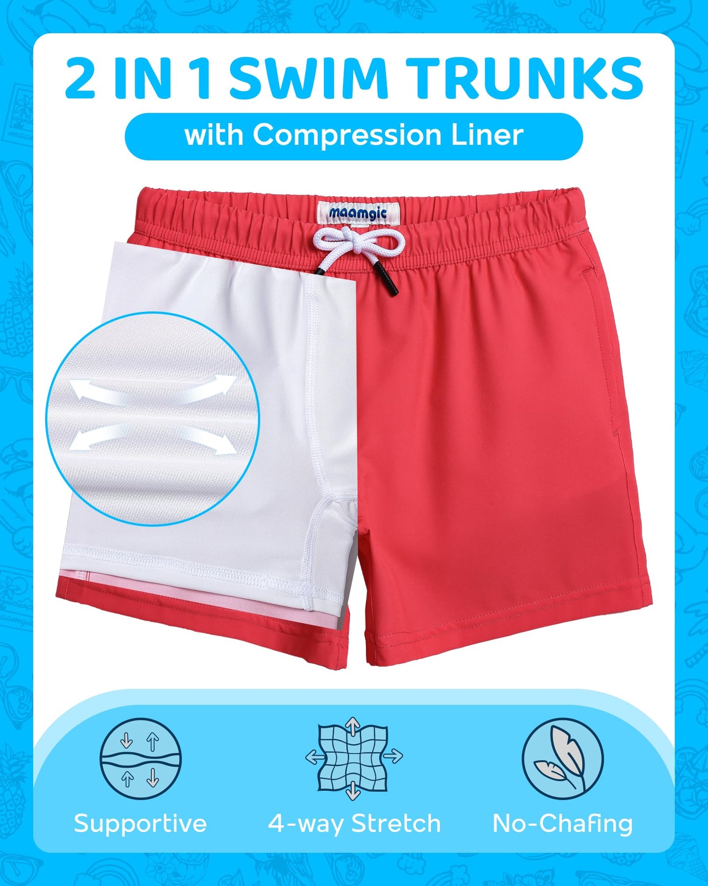 maamgic Boys Swim Trunks with Compression Liner 4-Way Stretch Quick Dry Swim Shorts Swimming Trunks Toddler Boy Hot Coral White 8 Years