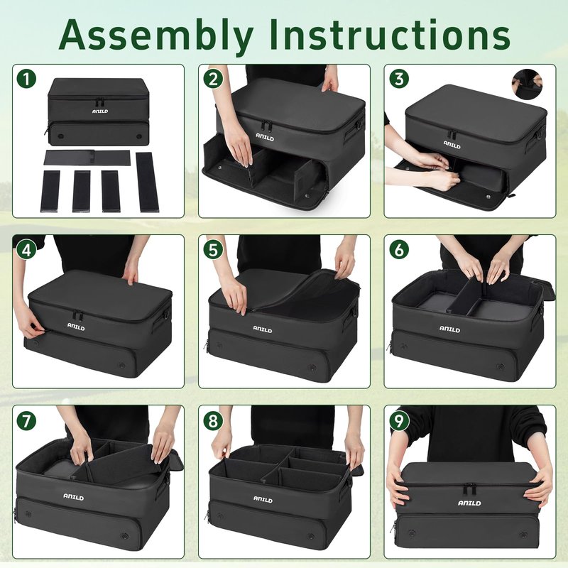 ANILD Golf Trunk Organizer, 2 Layer Golf Storage Case with Separate Ventilated Compartment for 2 Pair Shoes, for Balls, Tees, Clothes, Gloves, Accessories, Golfer Gifts