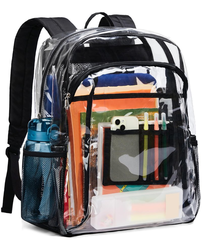 Vorspack Clear Backpack Heavy Duty - Extra Large Clear Book Bag with Multi-pockets See Through Backpack for College Workplace Travel - Black
