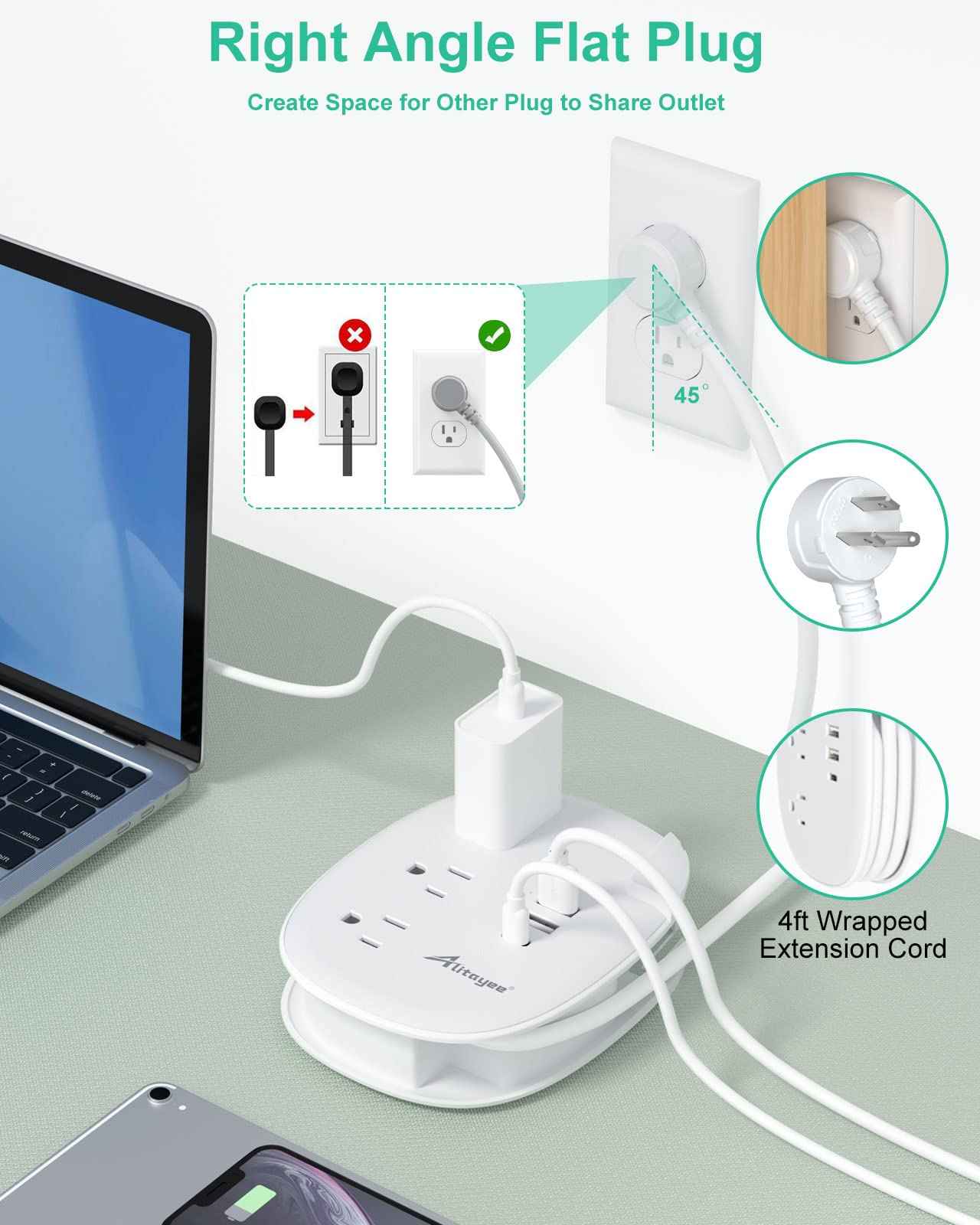 Alitayee USB C Travel Power Strip,Portable Power Strip with 3 Outlets 3 USB Ports Fast Charge, USB Extension Cord with Flat Plug and 4ft Wrapped Around Extension Cord for Cruise Travel Home Office
