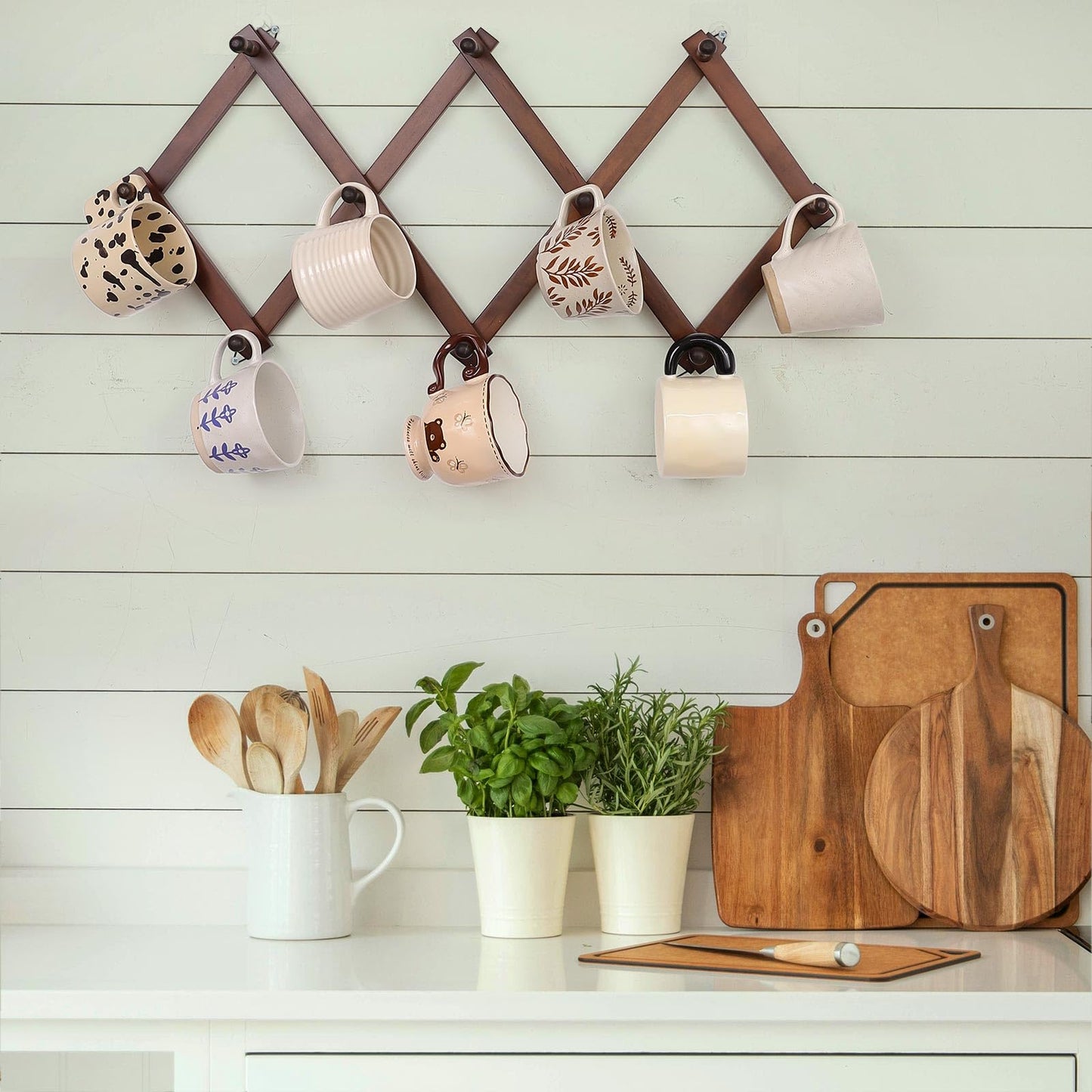 SCUNDA Wall Rack with 10 Hooks, Wooden Wall Expandable Coat Rack for Coat, Hats, Baseball Caps, Coffee Mug, Jewelry(Brown)