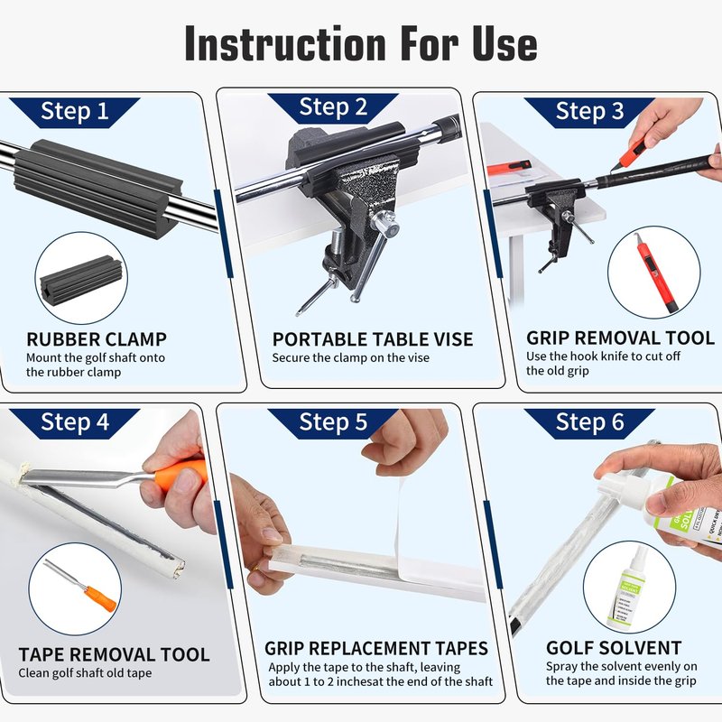 lovivid Golf Grip Kit for Regripping Golf Clubs - Include Portable Table Vise Rubber Clamp, 15 Tapes Strips, Golf Grip Removal Tool with Solvent