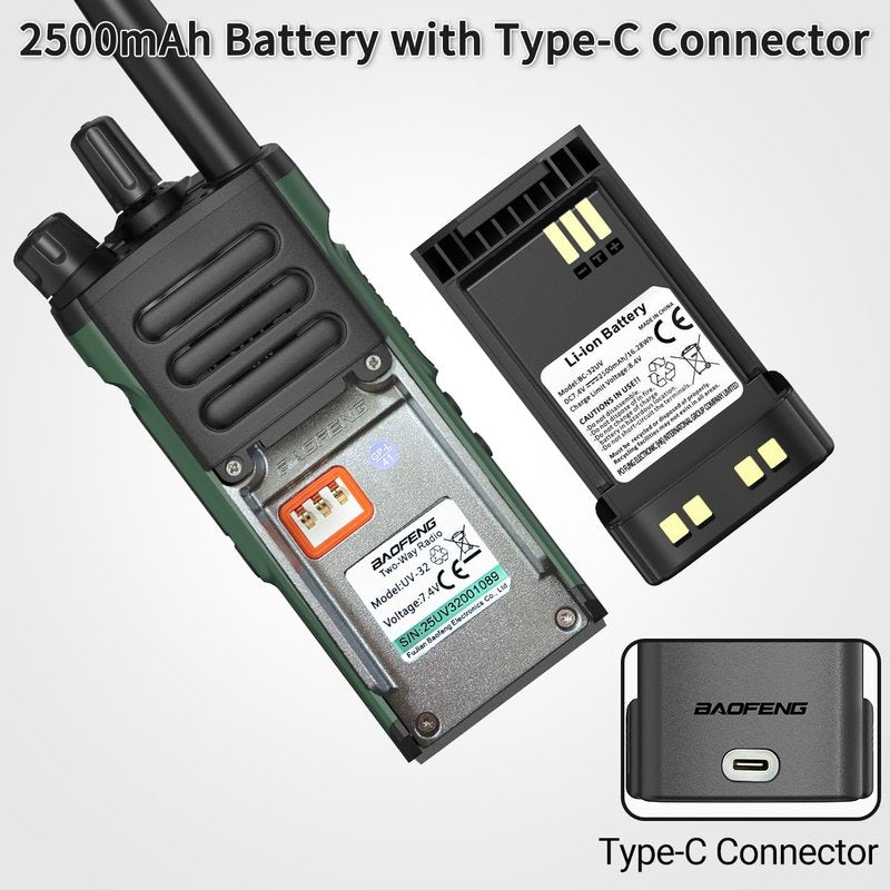 BAOFENG DM32 UV32 Battery High Capacity Replacement 2500mAh Battery with USB-C Charging Cable for Ham Radio Compatible DM-32UV UV-32 Series Two-Way Radio Walkie Talkies Accessories,2Pack