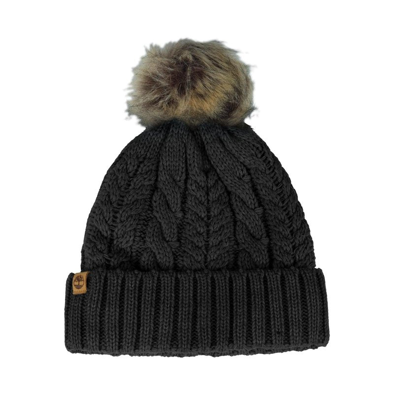 Timberland Women’s Cable Knit Faux Fur Pom Beanie - Soft Winter Hat, Ribbed Cuff, Warm Lining, Stylish Cozy Cold Weather Wear, Black, One Size