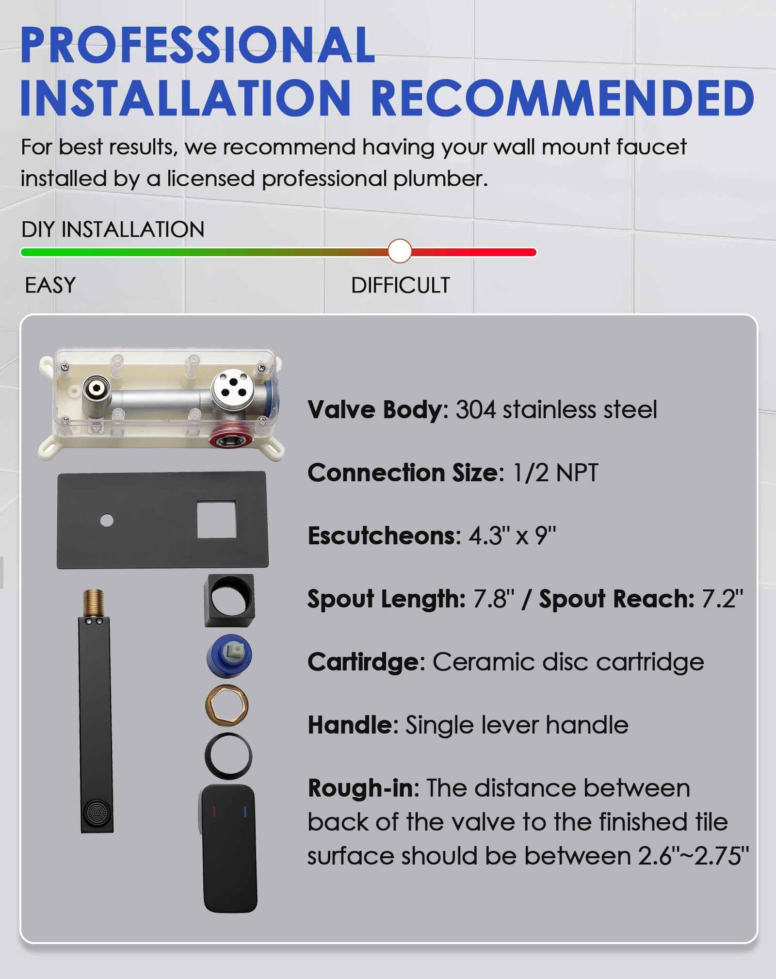 ROVOGO Wall Mount Bathroom Sink Faucet with Rectangular Spout and Rough-in Valve, Single Handle Single Hole Faucet for Bathroom Sink, 304 Stainless Steel, Black