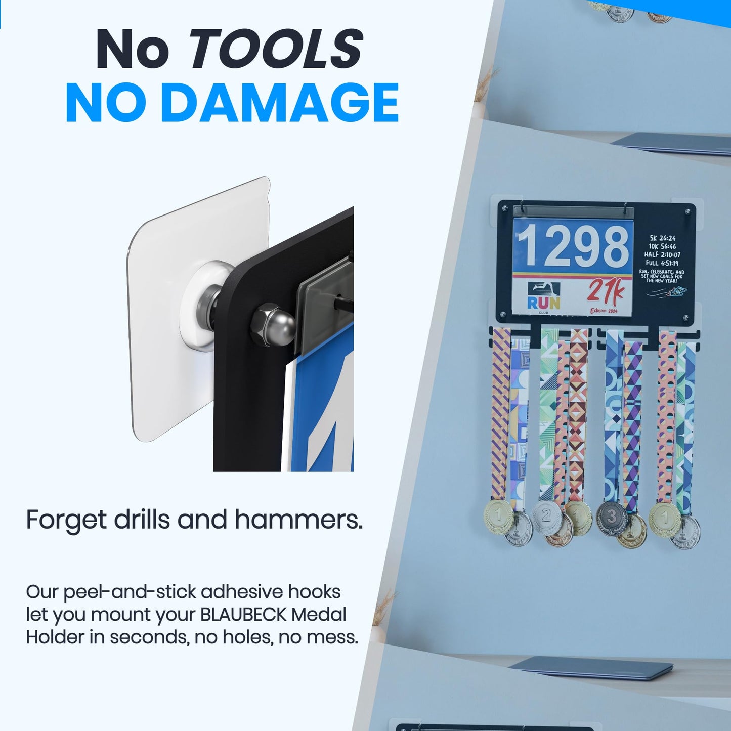 BLAUBECK 4-Pack Adhesive Wall Hooks Medal Holder – No-Drill Mounting Kit with Screws – Heavy-Duty Peel & Stick Hooks for Runners Medal Display